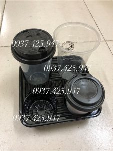Khay 4 ô đựng ly trà sữa - Đế lót ly đế đen 4 ngăn chống lật đổ ly - khay 4 ngăn đen đựng ly