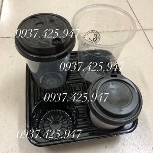 Khay 4 ô đựng ly trà sữa - Đế lót ly đế đen 4 ngăn chống lật đổ ly - khay 4 ngăn đen đựng ly